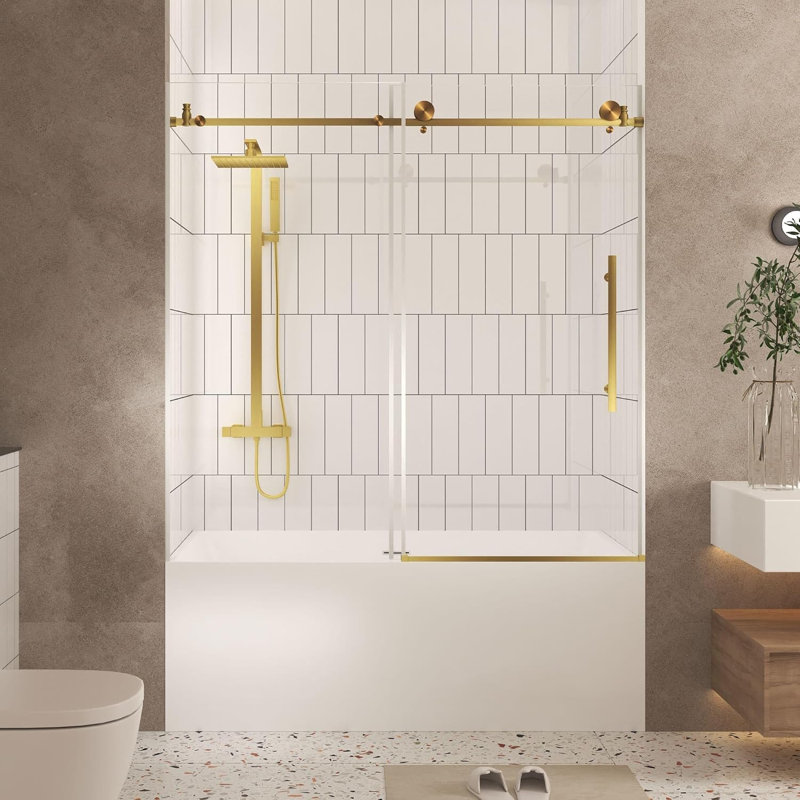 Frameless Shower Door 56-60 "w X 60" H, 1/4 "(6 Mm) Clear Tempered Glass, Explosion Proof Film, Stainless Steel Handle,brushed Gold