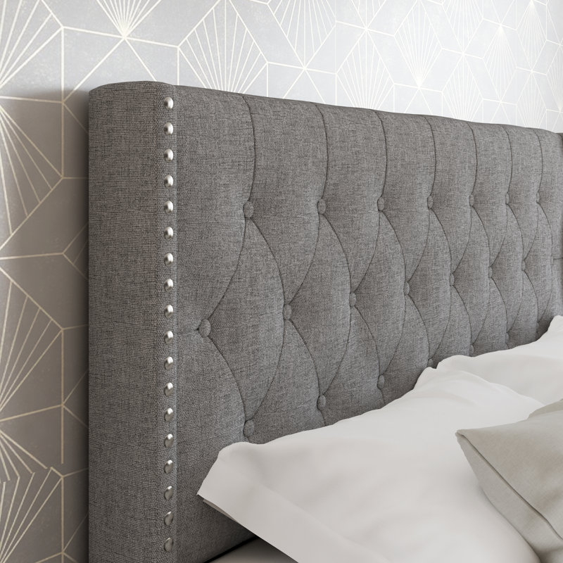 Base de lit en lin Boyd Sleep Mia avec tête de lit capitonnée, aucun sommier requis, Roi, Gris