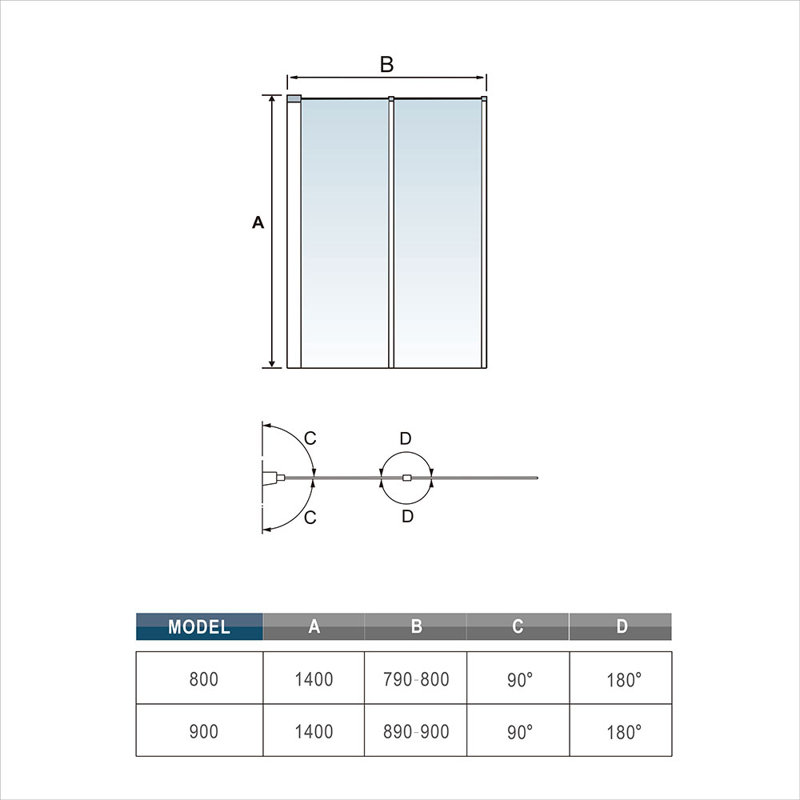 Gisele 800/900x1400mm Height 2 Folding Pivot Shower Bath Screen Panel, 800 cm