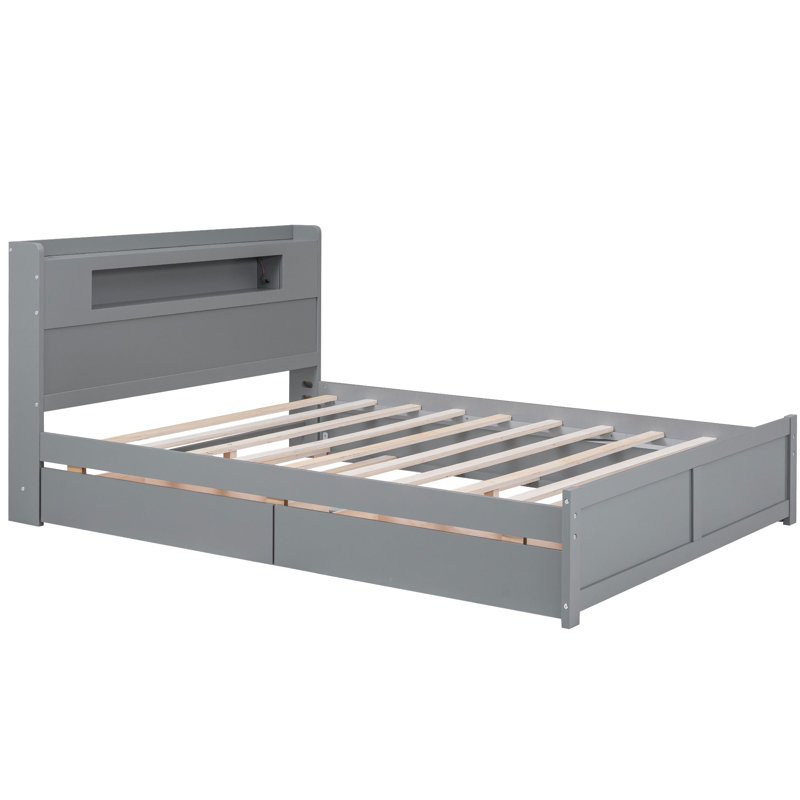 Queen Size Wood Storage Platform Bed With LED, 2 Drawers And 1 Twin Size Trundle, White, Gris
