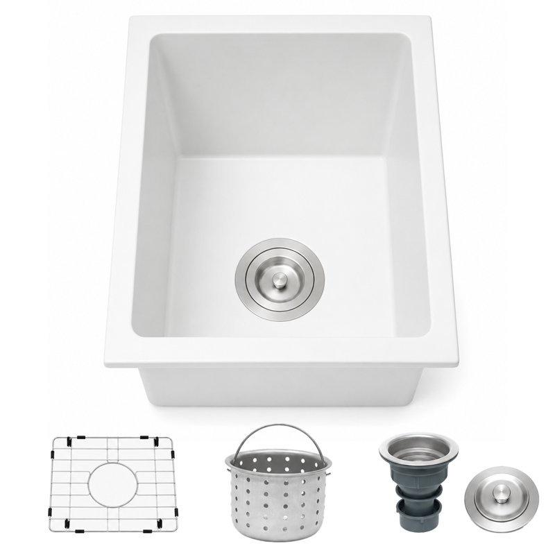 LQS 13''L X 15'' W Granite Composite Undermount White Bar Sink with Sink Grid and Basket Strainer, White