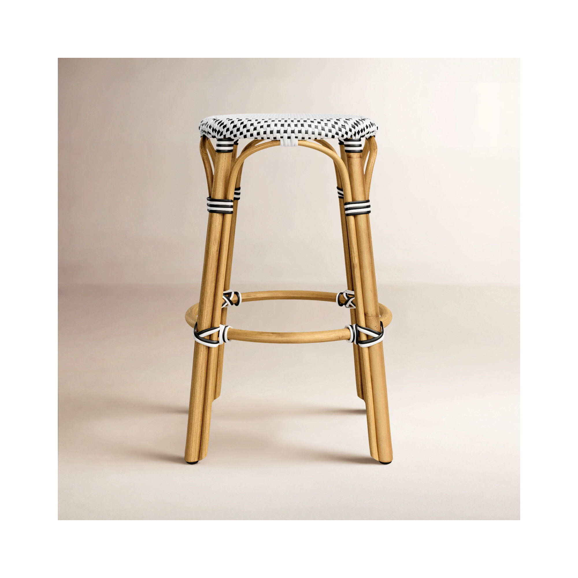 Alastair Bar & Counter Stool, Counter Stool (24" Seat Height), White/Black Dot/Natural Rattan Frame