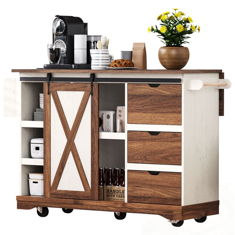 Kitchen Island With Drop Leaf, Barn Door, Power Outlet And Spice Rack, White