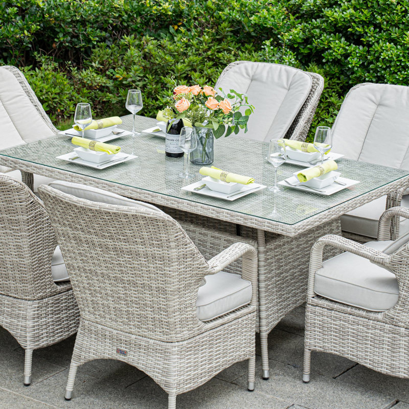 Ensemble de salle à manger de patio en osier pour 6 personnes avec table rectangulaire Polly, coussins inclus