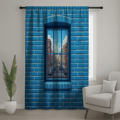Blue Brick Wall Window Window Curtains, Architecture Sheer & Blockout Curtains - 1 Panel