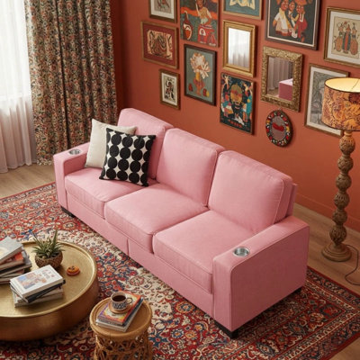 83.86 Snowfleece Fabric Sofa, Modern Compressed 3-Seater Couch For Living Room, Bedroom, And Office, Pink