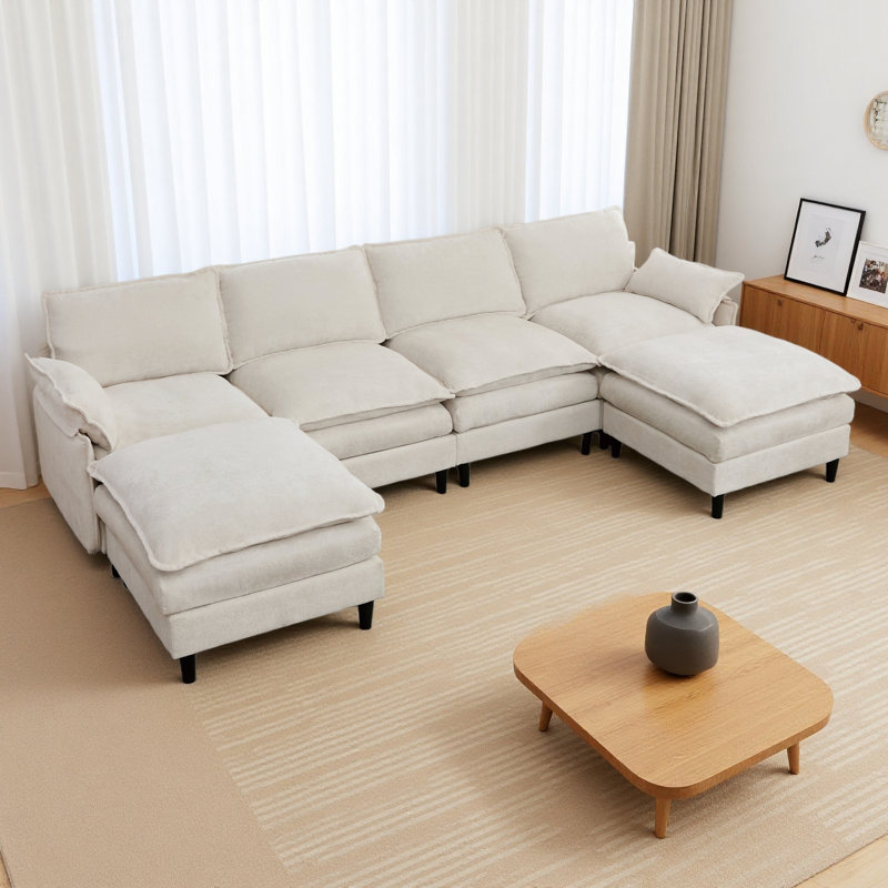 Modular Sofa,U Shaped Cloud Couch Comfy Set ,6-Seater, 2 Armrest Pillows,Convertible Sectional Couch, Beige