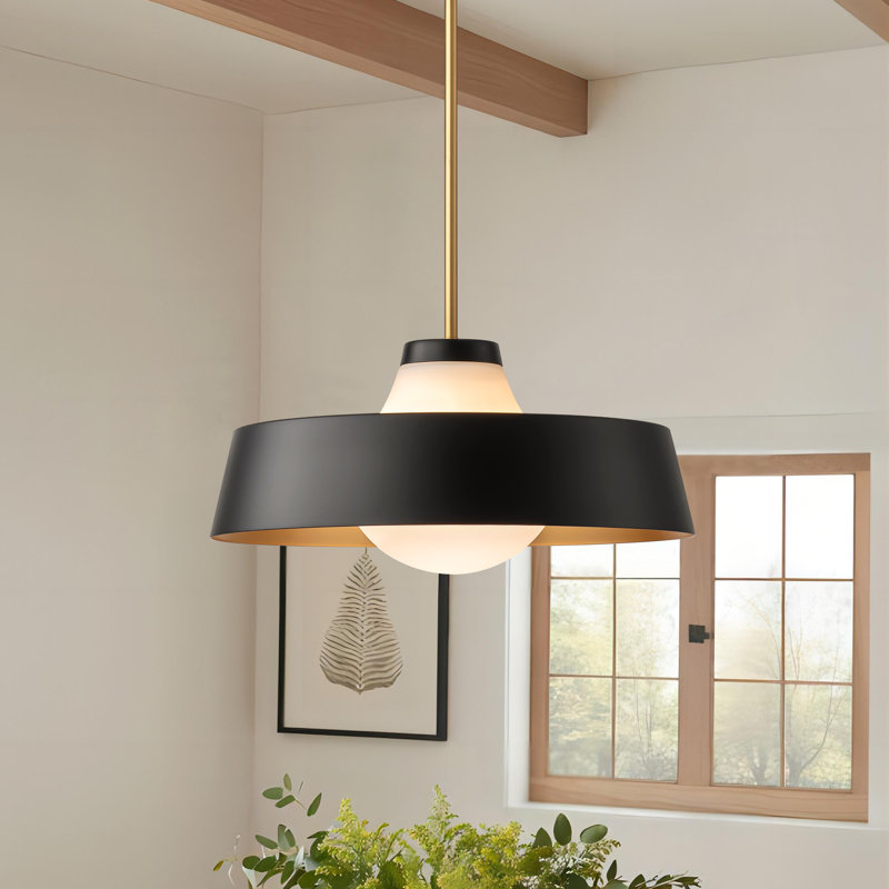 Edford 1-Light Single Metal Glass Shaded Kitchen Island Pendant Light, Black