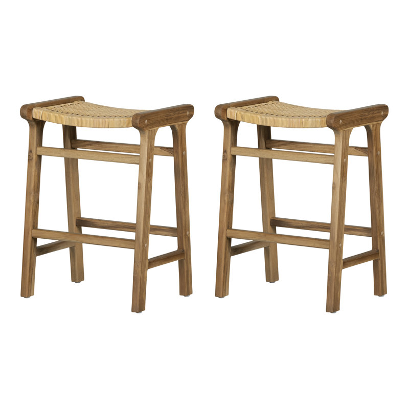 Natural Teak and Rattan Counter Height Bar Stools, Set of 2
