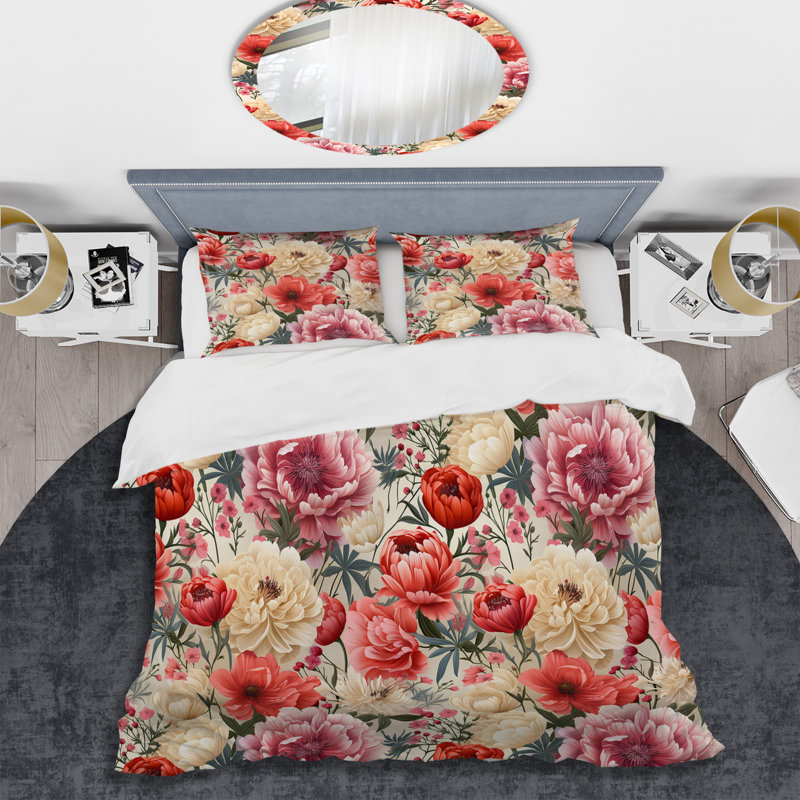 Beige And Coral Hydrangea Pattern I - Ensemble de housse de couette à motif floral