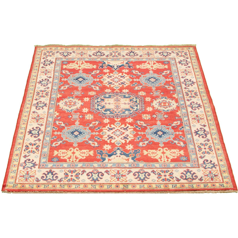 Tapis unique en laine noué à la main rouge Gazni des années 2010 de 4 pi 11 po x 6 pi 7 po Qaiden