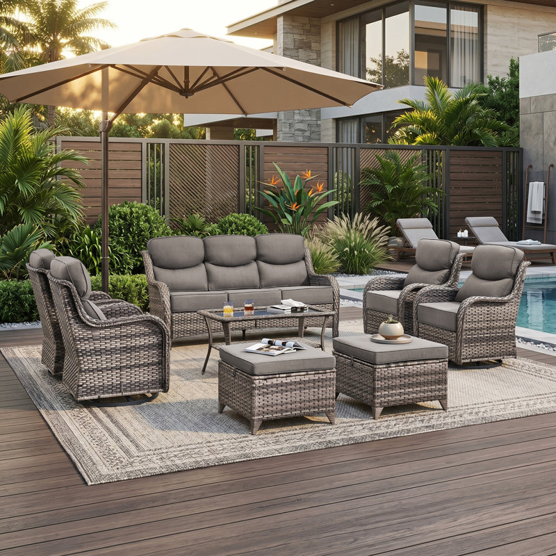 Heritage Haven 8-Pieces PE Wicker Outdoor Patio Conversation Set With 6" Thickness Cushions, Dark Gray