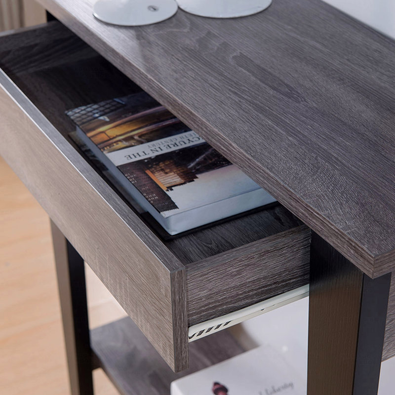 Console élégante, table de présentation avec tiroir et tablette inférieure en gris et noir patinés