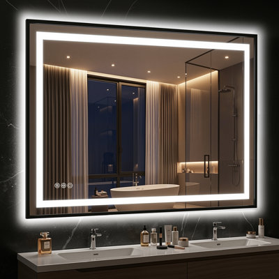 LED Bathroom Mirror with Lights, Vanity Mirror for Wall with Black Frame, Touch Control, Anti-Fog, Dimmable Lights, Shatter-Proof, Memory Function, Wall-Mounted Vanity Mirrors