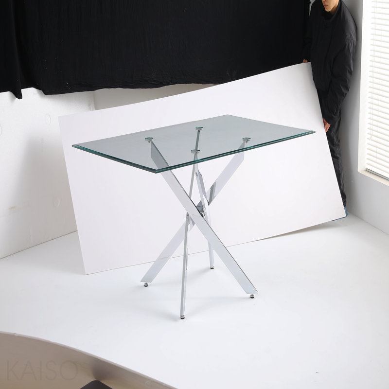 Table rectangulaire moderne en verre trempé et cadre en fer argenté, Argent