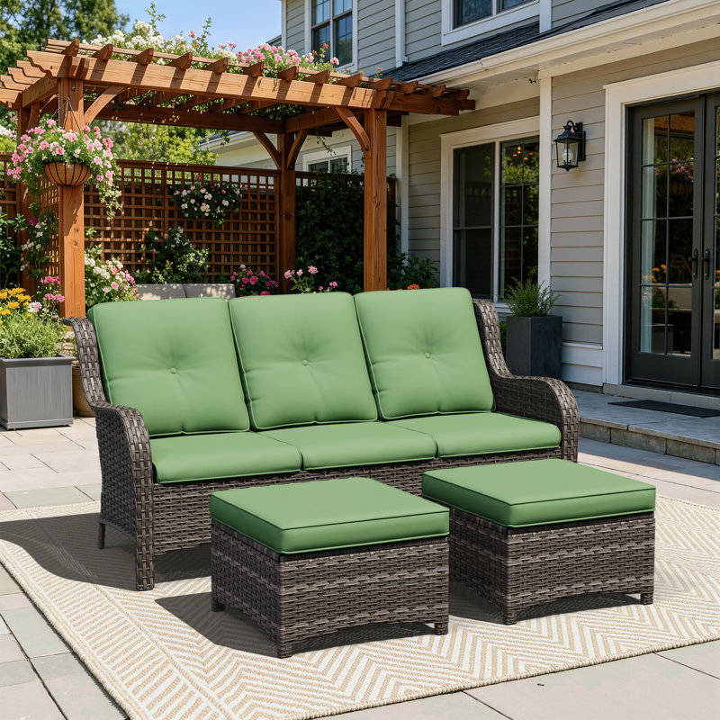 73'' Wide Wicker Patio Sofa with Cushions, Green