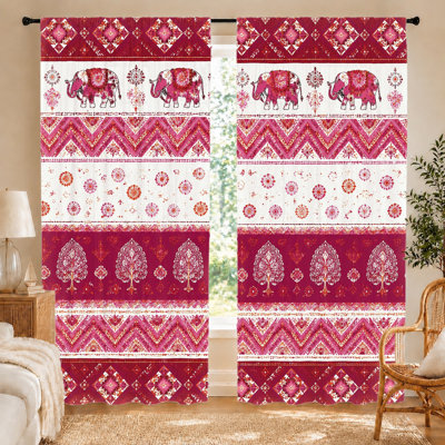 2Pcs rideaux éléphants de style bohémien, motif tribal rétro, passe-tringle de style bohème filtrant la lumière pour le salon, la chambre, le balcon, la cuisine, la décoration intérieure