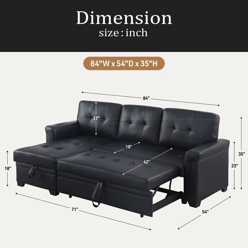 84"W Black Vegan Leather Modern Reversible Sleeper Sectional Sofa With Storage Chaise