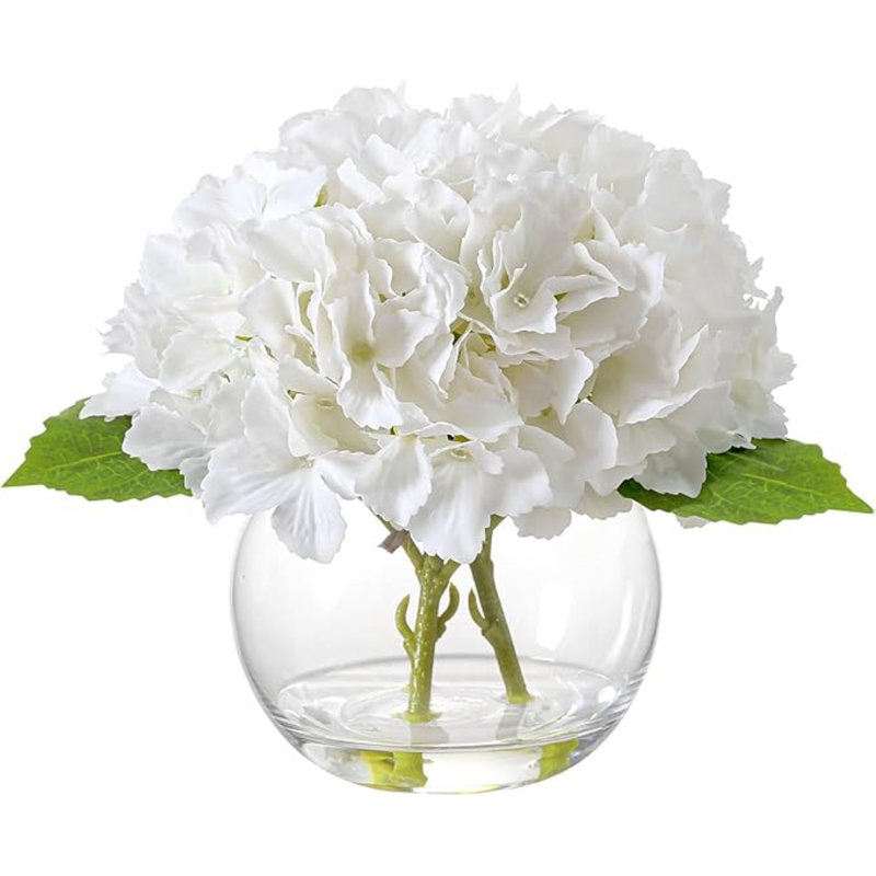 Fleurs d'hortensia artificielles avec vase, Blanc