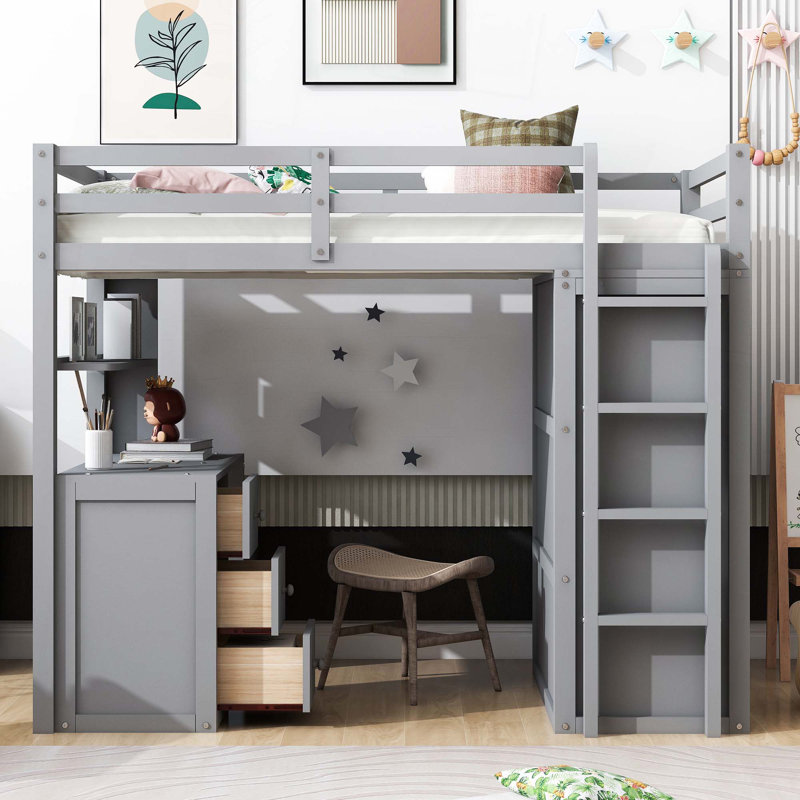 Lit mezzanine avec tiroirs, bureau et garde-robe, Gris, Lit simple