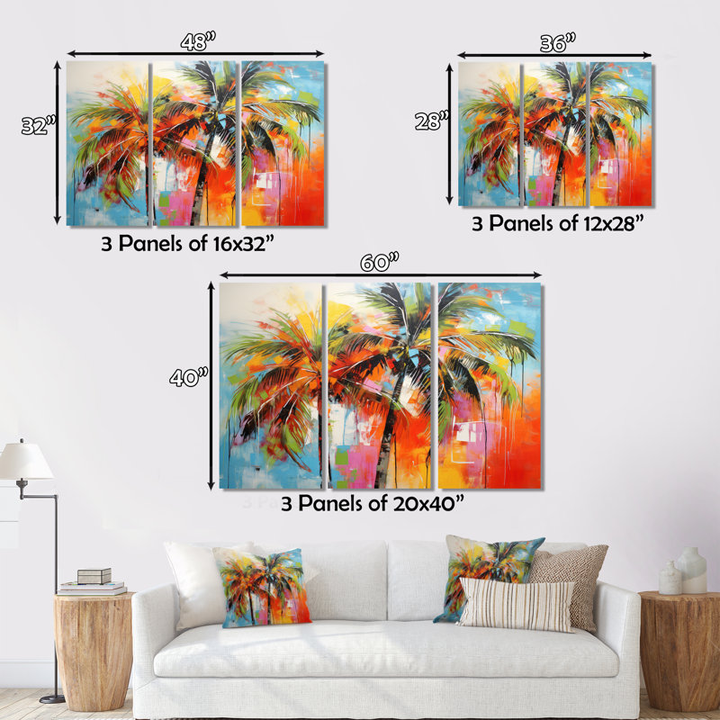 «Popart Palm Trees I», reproduction d'art sur toile Palm Trees, H 16 po x l 32 po x P 1 po, Encadrement argenté