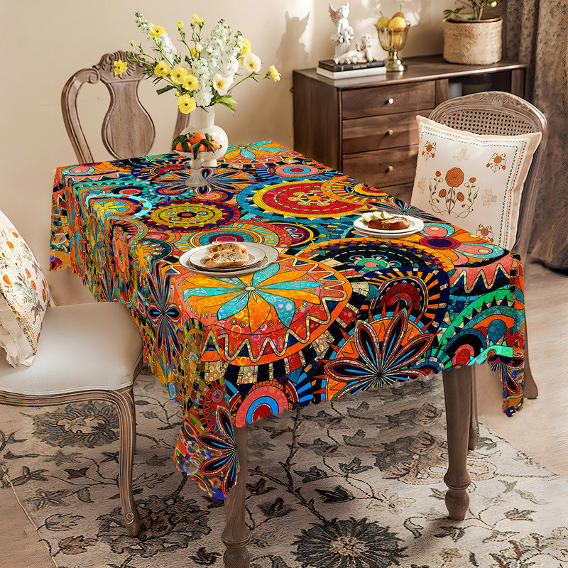Washable Bohemian Abstract Floral Pattern Tablecloth, 70" L x 55" W