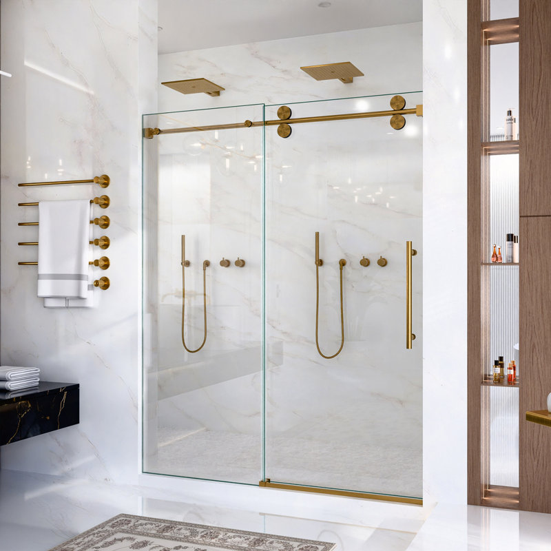 56"-60"W*72" H Frameless Single Sliding Shower Door – 5/16" (8Mm) Clear Tempered Glass, Bypass Design, Brushed Gold