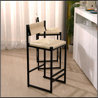 Ensemble de 2 tabourets de bar en papier crème tissés à la main avec repose-pieds pour îlot de cuisine, salle à manger