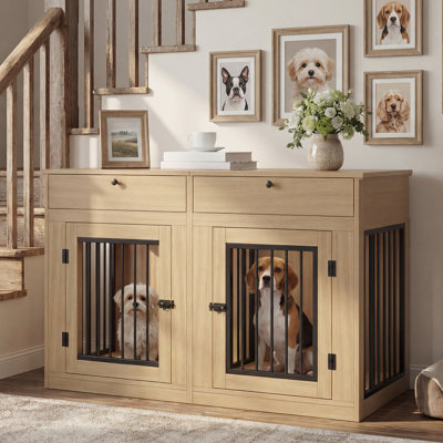 Faaija 60.2" W Engineered Wood Double Dog Crate with Removable Divider