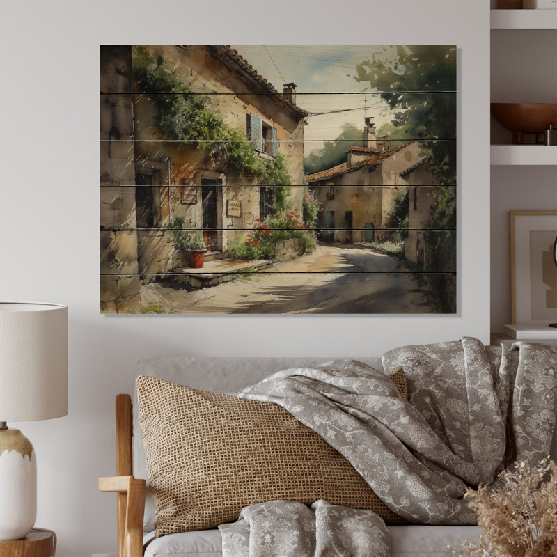 Méditerranée Village Street VI - impression de paysage de chalet sur bois de pin naturel, H 30 po x l 40 po x P 0,78 po