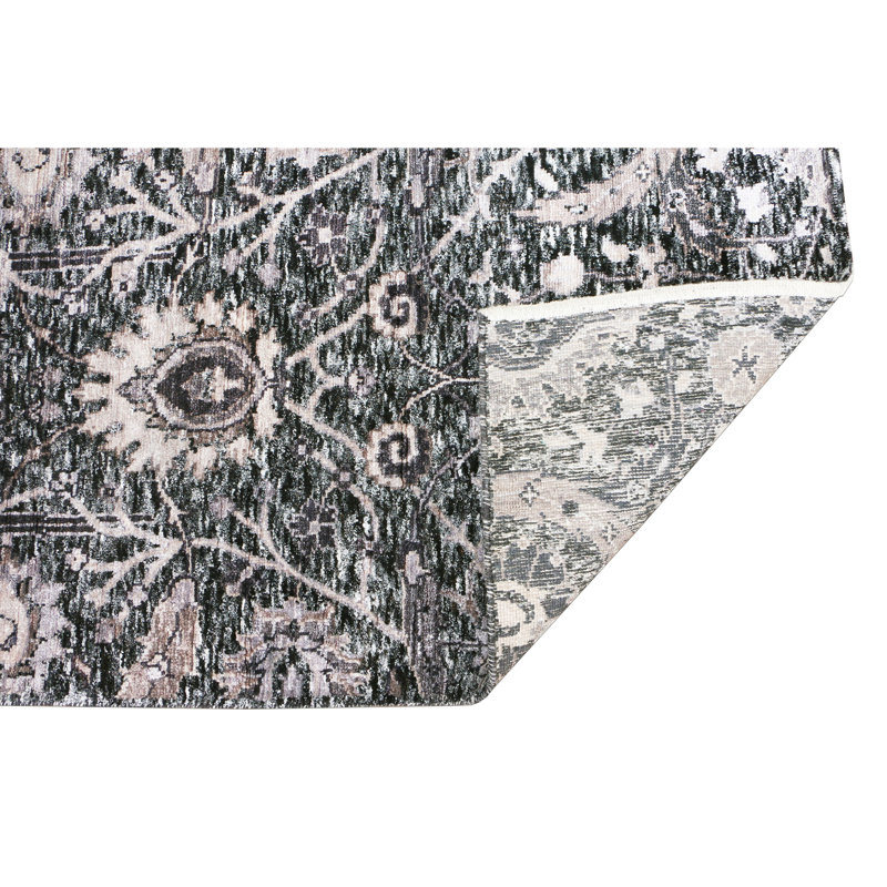 Hand Knotted Damask Area Rug in Black/White/Brown, Runner 2'6" x 6'