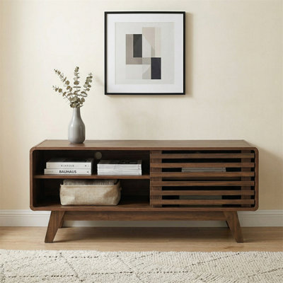 46" Mid-century Modern Tv Stand With Slatted Sliding Door For Living Room, Walnut
