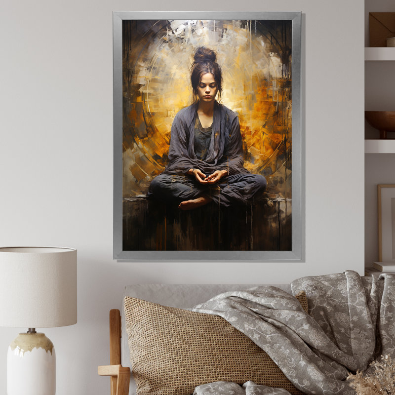 «Black and Gold Yogic Meditation - Yoga», impressions d'art mural, Encadrement doré, H 32 po x l 24 po