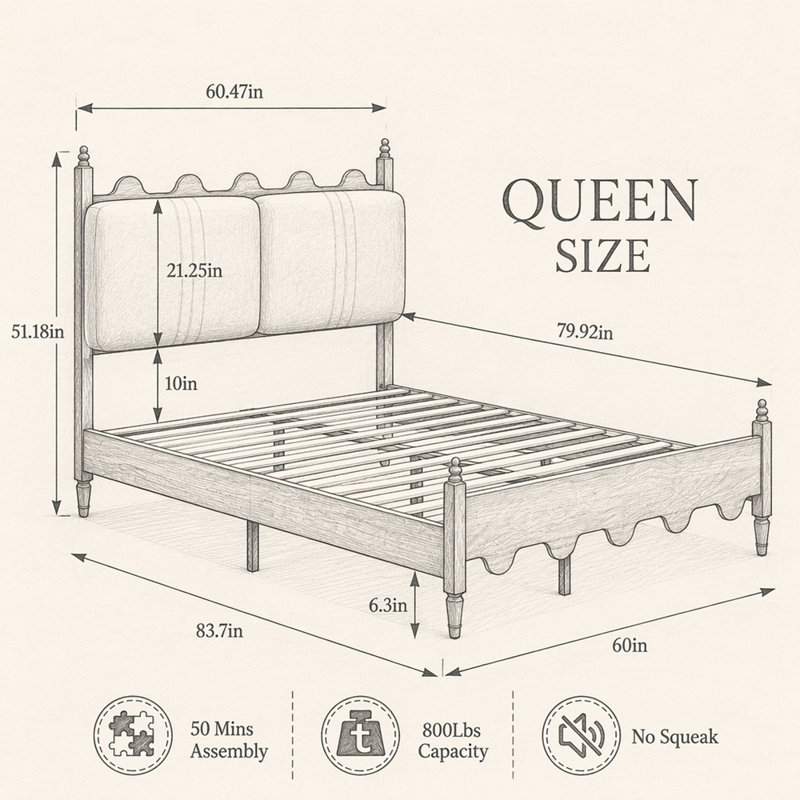 Cadre de lit plateforme en bois au design festonné vintage avec tête de lit rembourrée, Queen