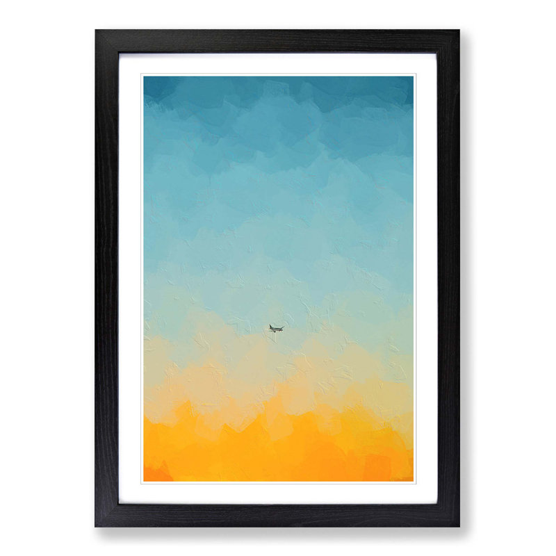 Airplane At Sunset In Abstract - Single Picture Frame Painting, 45cm H x 33cm W x 2cm D, Black Framed