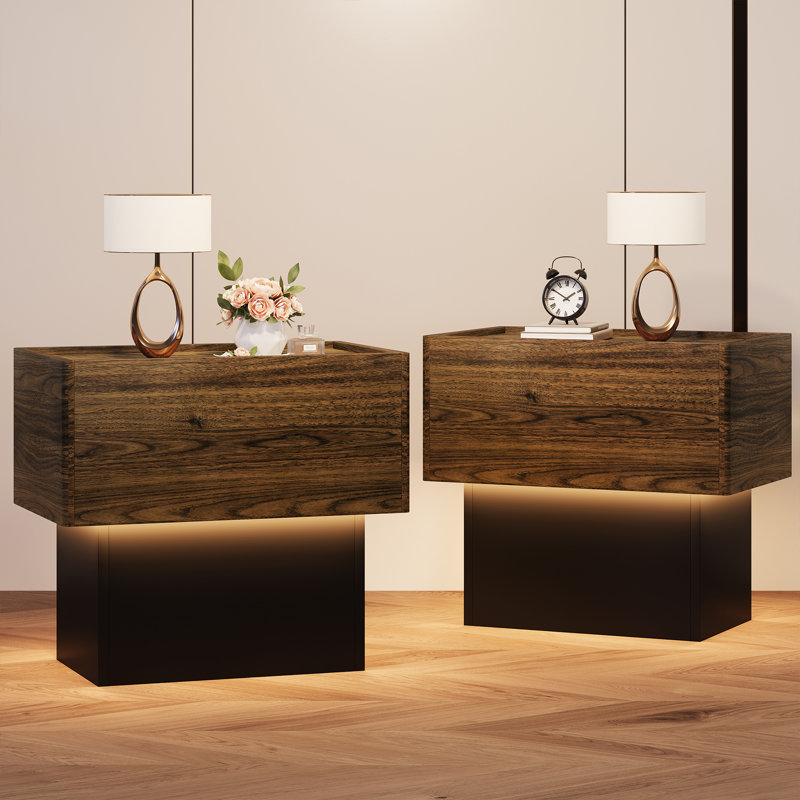 Nightstand with Drawer & LED light, End Side Table, Set of 2