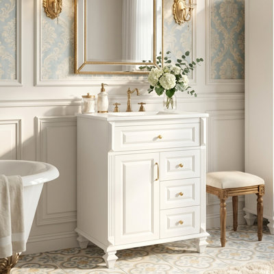 24" Small Space Bathroom Vanity With Ceramic Sink, Solid Wood Frame Cabinet With Flip-Out Drawer, 3 Side Drawers & Door Rack