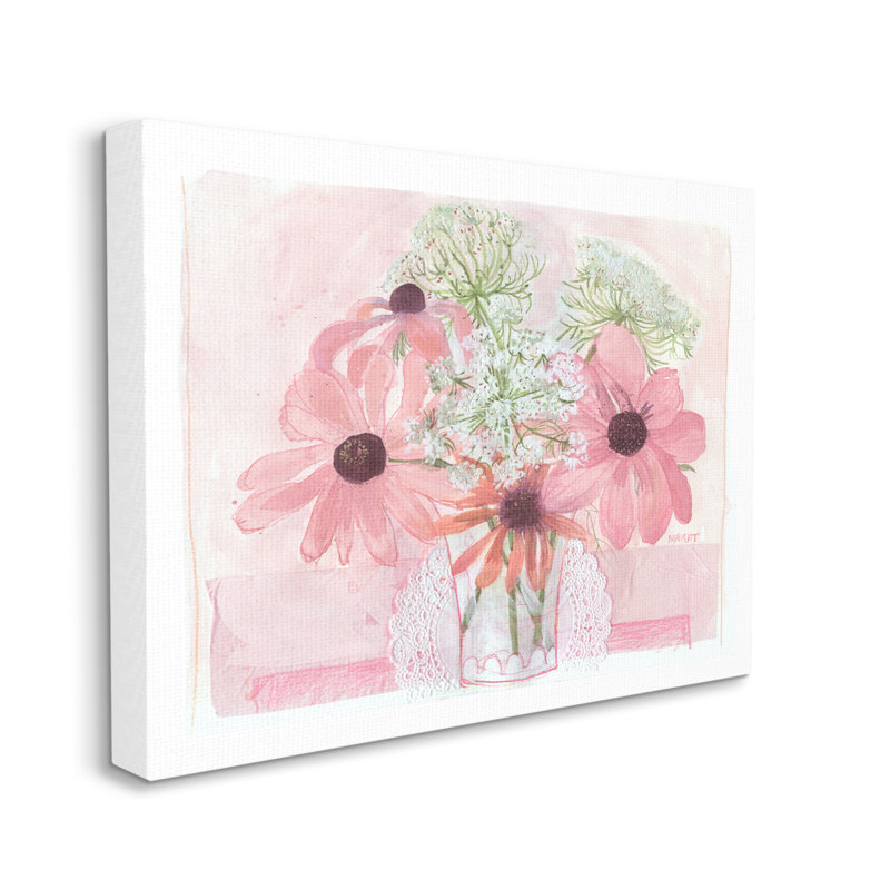 Vase délicat à motif de fleurs roses, Toile tendue, H 16 po x l 20 po x P 1,5 po