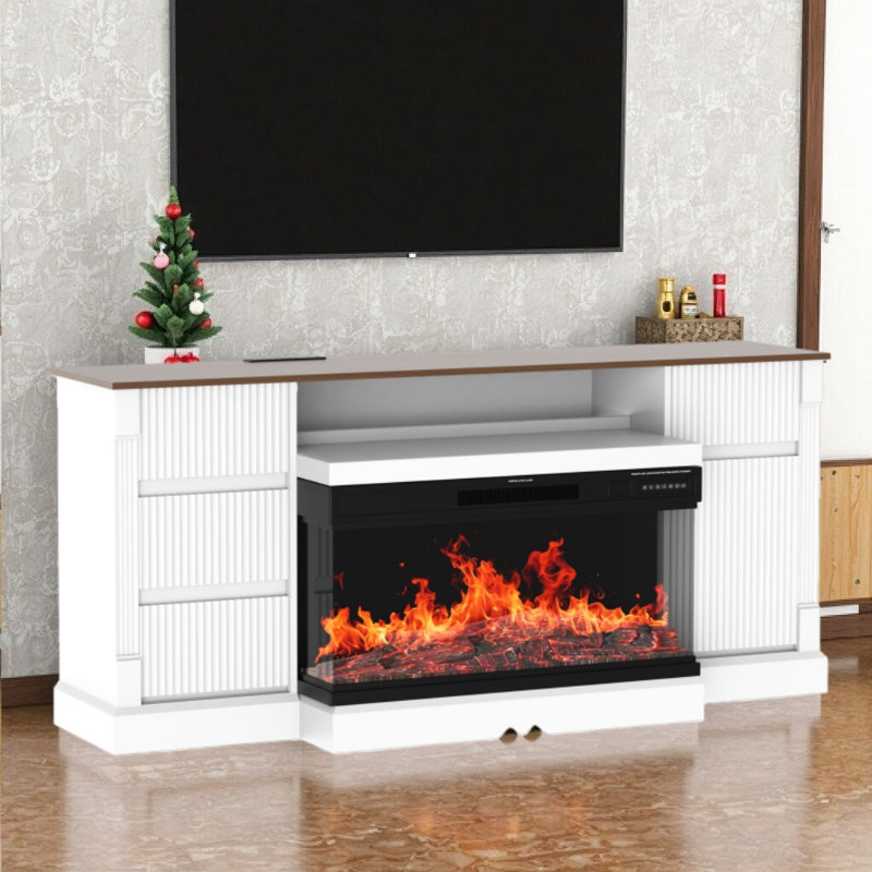 Modern 3-Sided Glass TV Stand with Electric Fireplace for TVs to 80 Inch, MDF Entertainment Center with Storage Cabinets & Drawers, 70in W x 17in D x 32in H