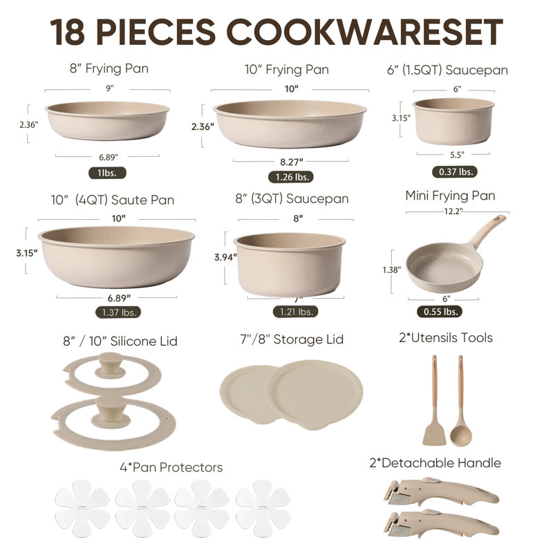 CAROTE 18-Piece Nonstick Cookware Set with Detachable Handle, Taupe