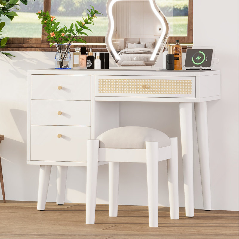 Charming Retro Bohemian Wooden Dressing Table With Multiple Functionalities, White