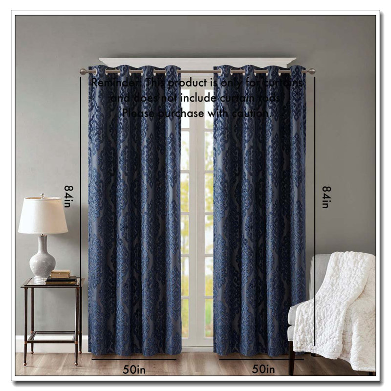Knitted Jacquard Damask Total Blackout Grommet Top Curtain Panel(Only 1 Pc Panel), 50" W x 84" L, Navy
