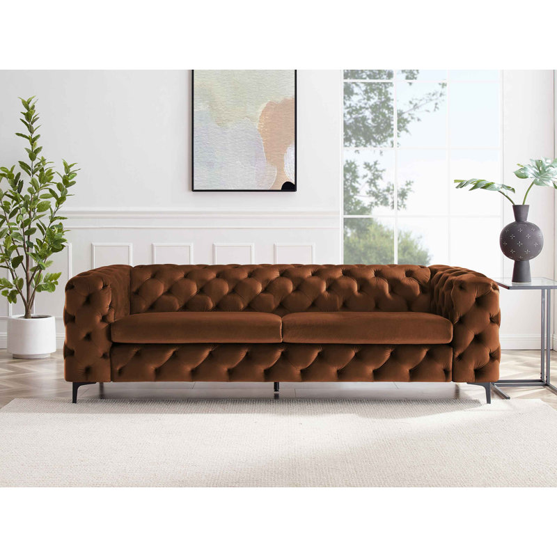 Ghaleb 237Cm Velvet Square Arms Sofa, Curry Velvet, Black