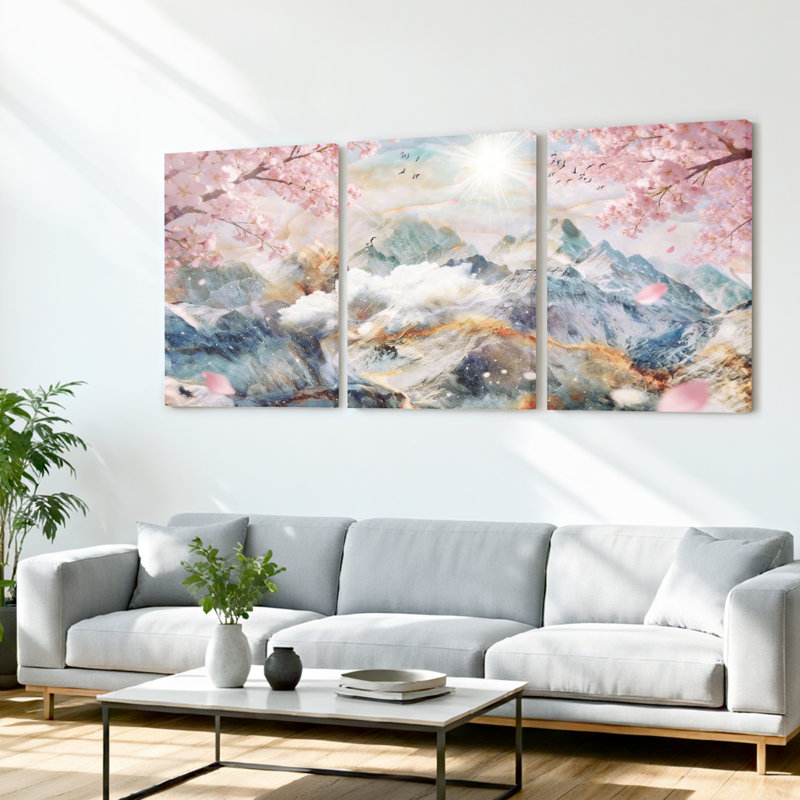 Ensemble de 3 tableaux sur toile représentant un paysage de montagne en fleurs de cerisier, 1624