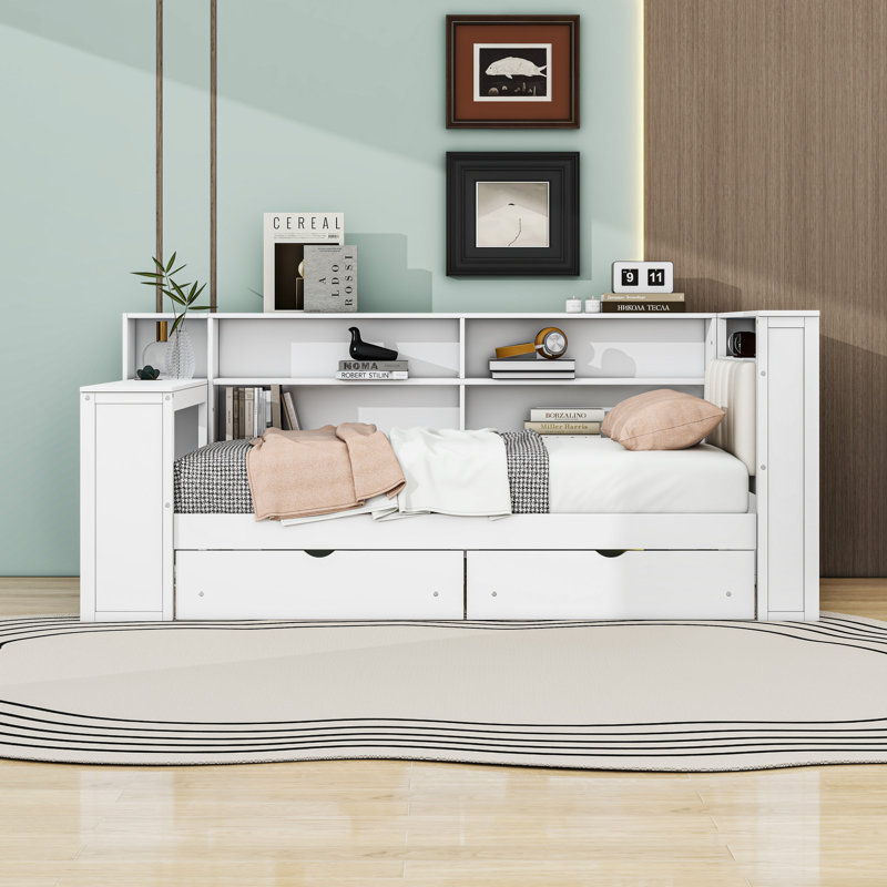 Lit de jour avec DEL, tablettes de rangement, tiroirs, bureau et station de charge, Lit simple, Blanc