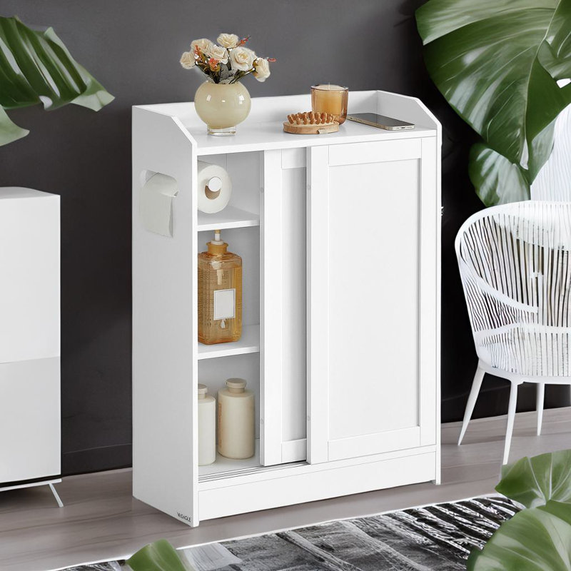Storage Cabinet with Toilet Paper Holder and Brush Compartment, Sliding Doors, Adjustable Shelves, White