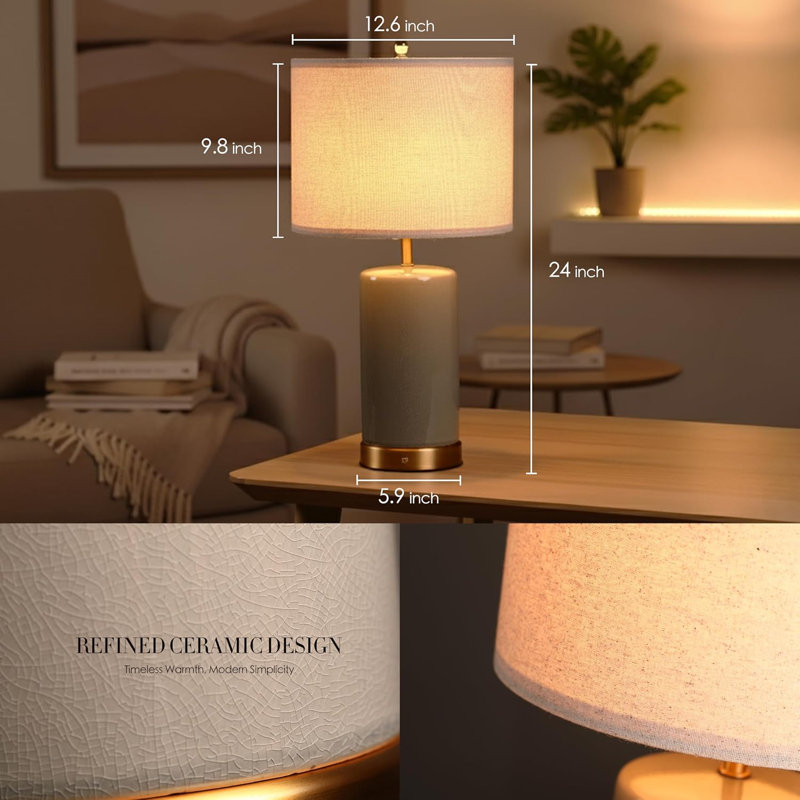 Classic Ceramic - Battery Powered Table Lamp, Rechargeable Cordless Ceramic Lamp, Full-Size 24 Inch Height, 4-Level Dimming, Smart Safety Protection, Type-C Fast Charging, LED Bulb Included