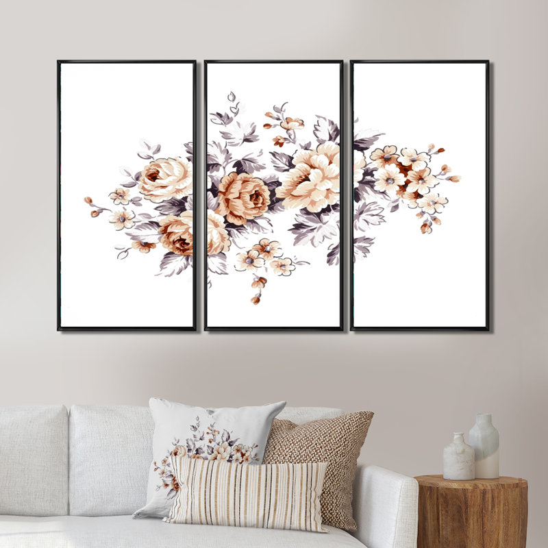 «Pink Wild Roses», ensemble de 3 toiles encadrées traditionnelles, Noir, H 28 po x l 36 po x P 1 po
