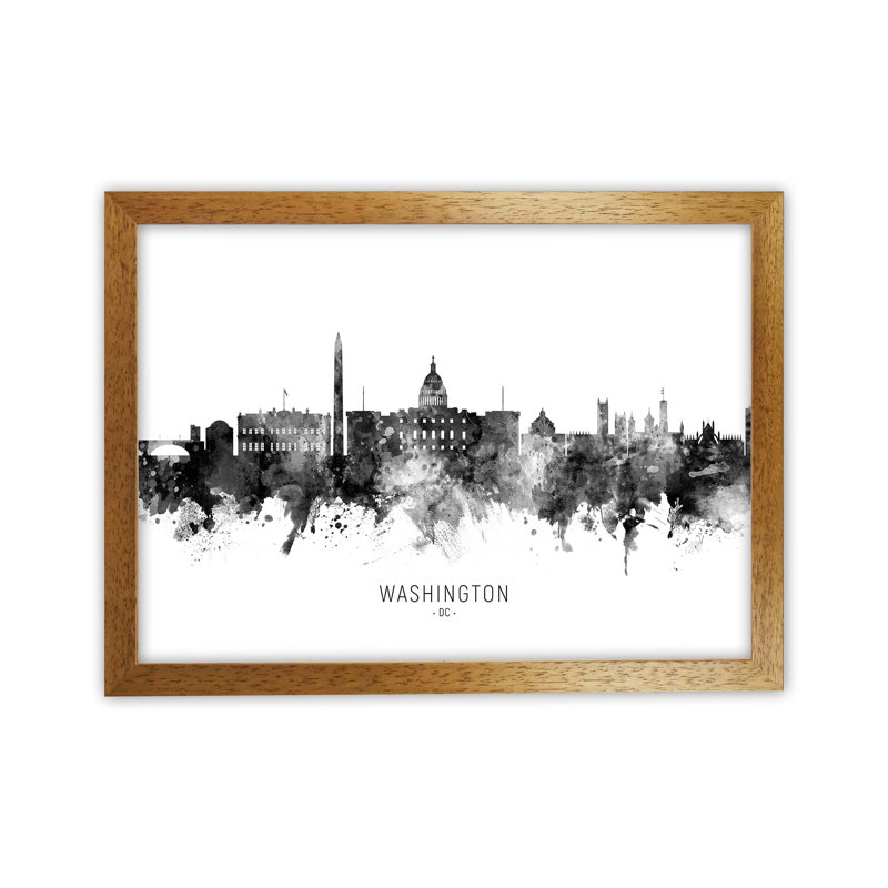 Washington Dc Skyline Black White City Name by Michael Tompsett - 1 Piece Wall Art, 25cm H x 34cm W x 3cm D, Brown Framed