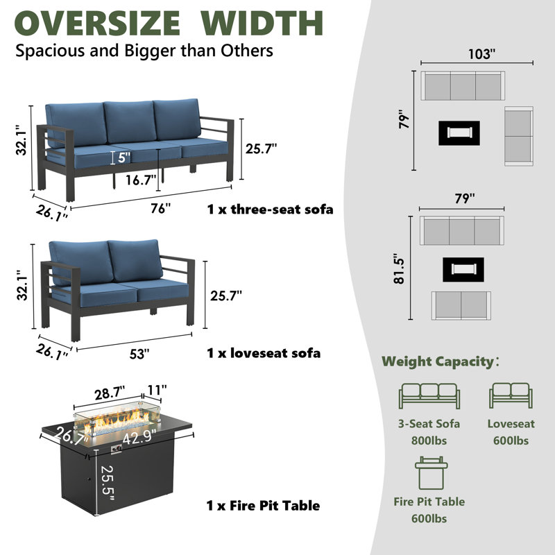 5-Person Sofa Seating Group With Fire Pit Table, Gray, Blue